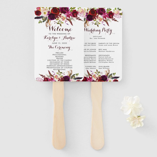 Éventail Bourgogne Marsala Bohême Floral Wedding Programme (Devant et derrière)