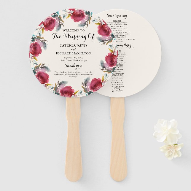 Éventail Bourgogne Marsala Romantique Mariage Floral (Devant et derrière)