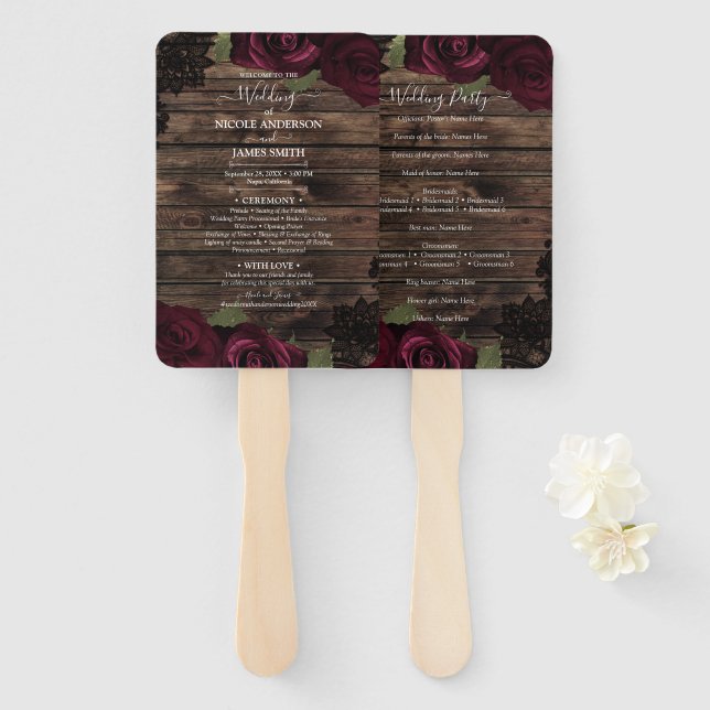 Éventail Bourgogne Rose bois noir dentelle Mariage floral (Devant et derrière)