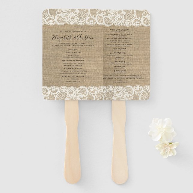 Éventail Bourlap Dentelle Rustique Programme de mariage Ven (Devant et derrière)
