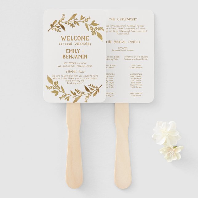 Éventail Branches courbes | Programme de mariage d'or (Devant et derrière)