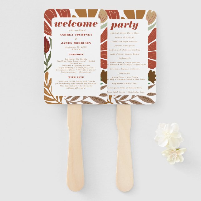 Éventail Bright Bold Boho Terracotta Floral Mariage (Devant et derrière)