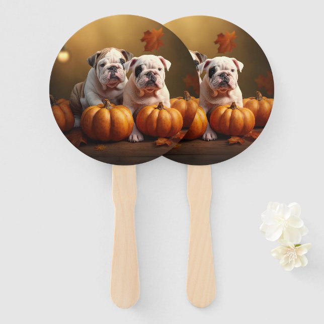 Éventail Bulldog Chiot Automne Citrouille de plaisir (Devant et derrière)