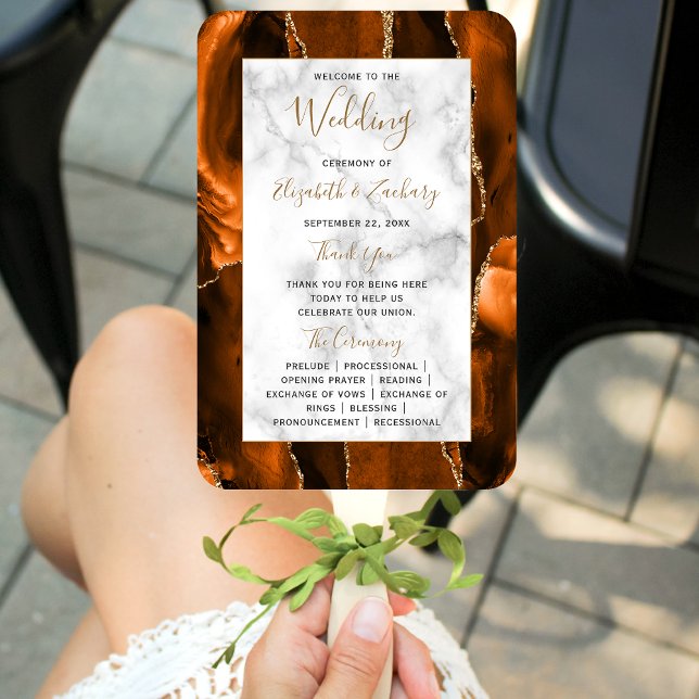 Éventail Burnt Orange Gold Agate Marble Wedding Program (Créateur téléchargé)