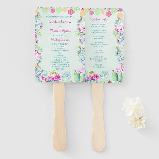 Éventail Cactus Lantern Fiesta Cérémonie Mariage Succulente (Devant et derrière)