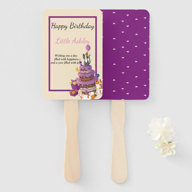 Éventail cake de chat violet anniversaire (Devant et derrière)
