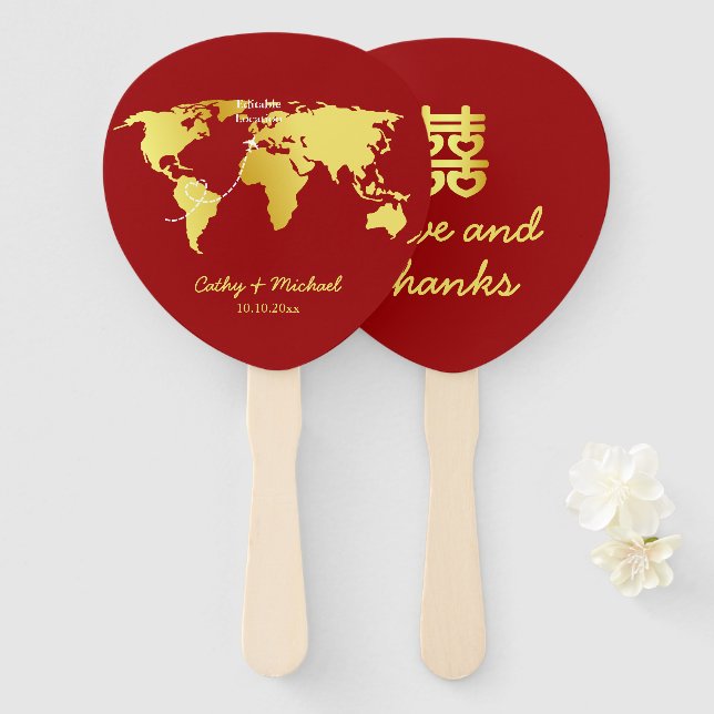 Éventail Carte du monde destination mariage chinois (Devant et derrière)