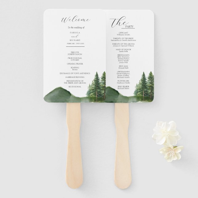Éventail Carte du programme de mariage rustique Mountain Wo (Devant et derrière)
