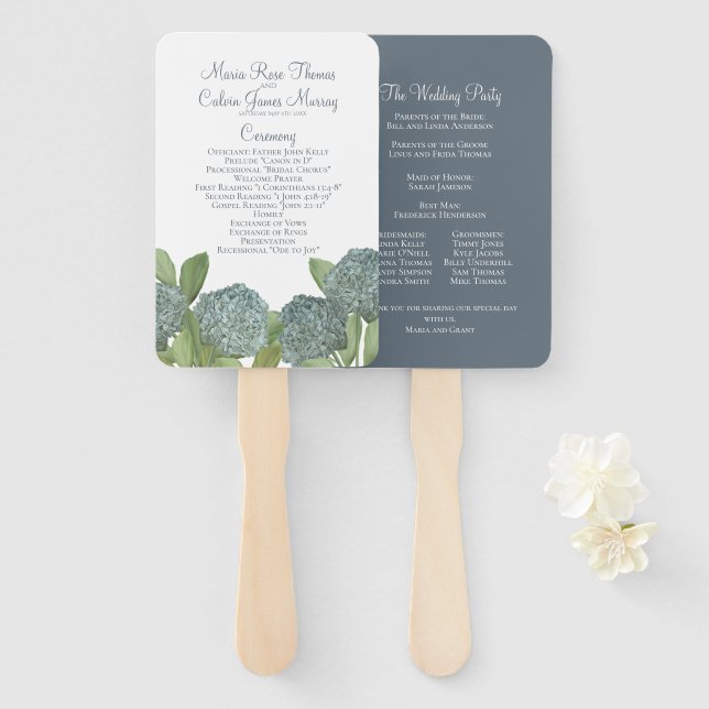 Éventail Cérémonie de Mariage botanique Floral bleu (Devant et derrière)