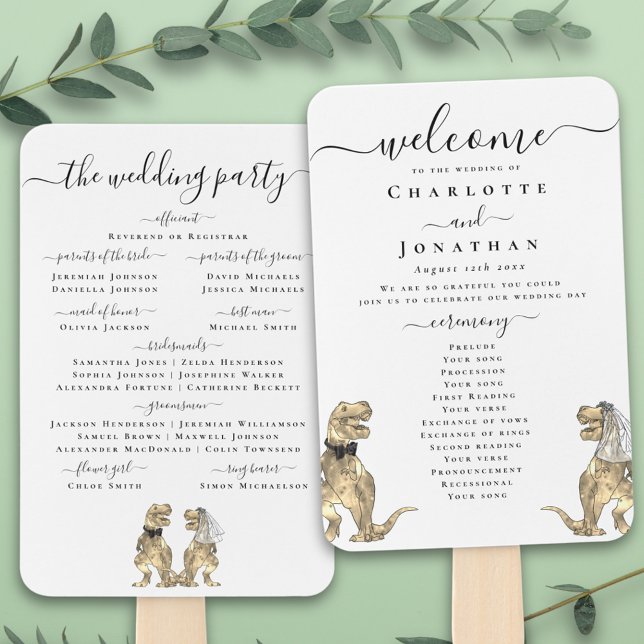 Éventail Cérémonie de Mariage de Dinosaur Programme noir &  (T-Rex bride and groom funny dinosaur wedding ceremony program fan Elegant modern script )