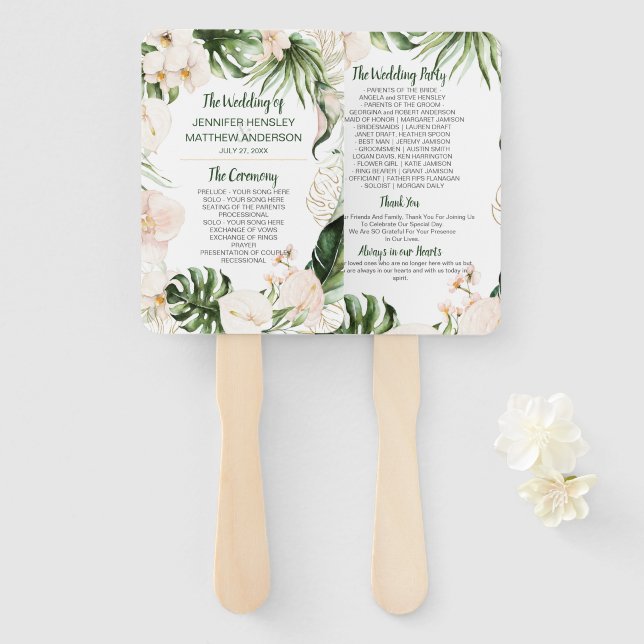 Éventail Cérémonie de Mariage de Pink Gold Tropical Blush (Devant et derrière)
