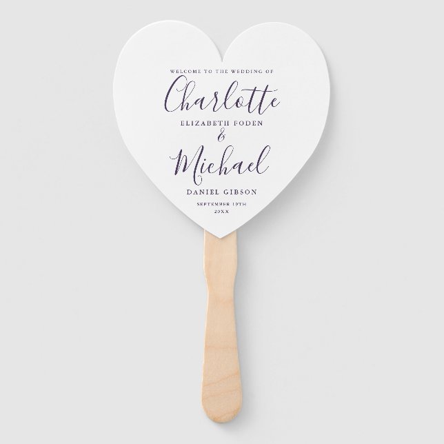 Éventail Cérémonie de Mariage de script violet Coeur (Devant)