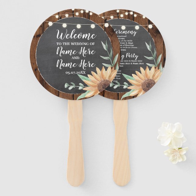 Éventail Chalk de bois Sunflower Programme de mariage Venti (Devant et derrière)