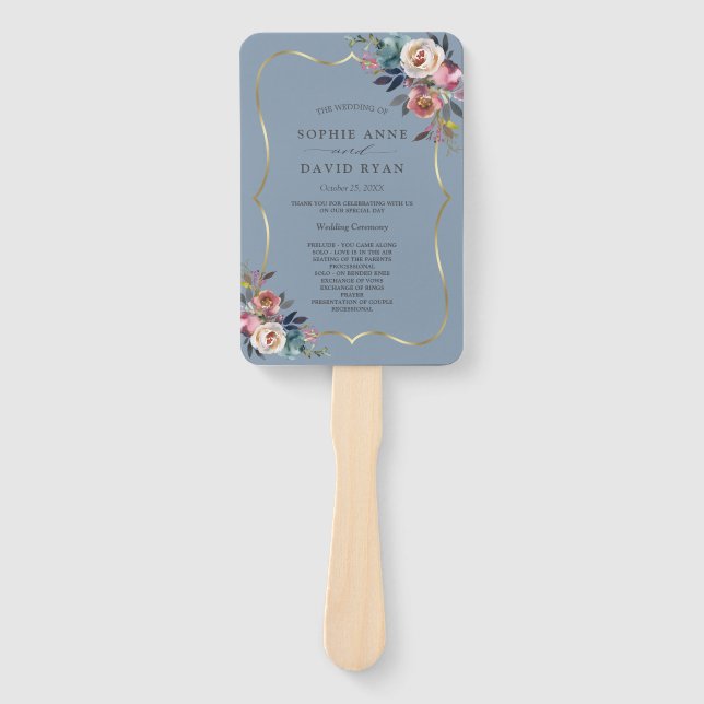 Éventail Charm Dusty Blue Floral Misty Rose Mariage or (Devant)