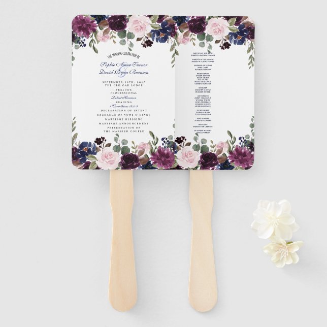 Éventail Charme Lavande Marine Blue Floral Fleom Programme (Devant et derrière)