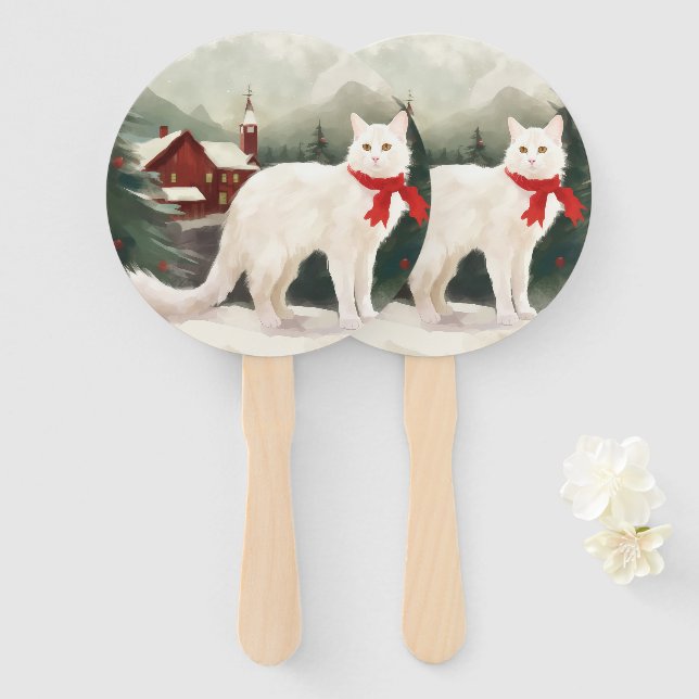 Éventail Chat Angora turc en Noël de neige (Devant et derrière)