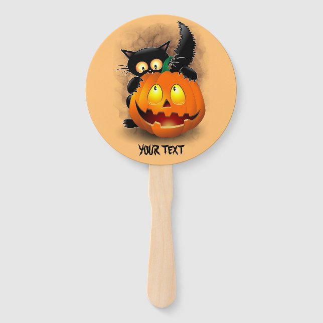 Éventail Chat Fun Halloween Caractère mordant un Citrouille (Devant)