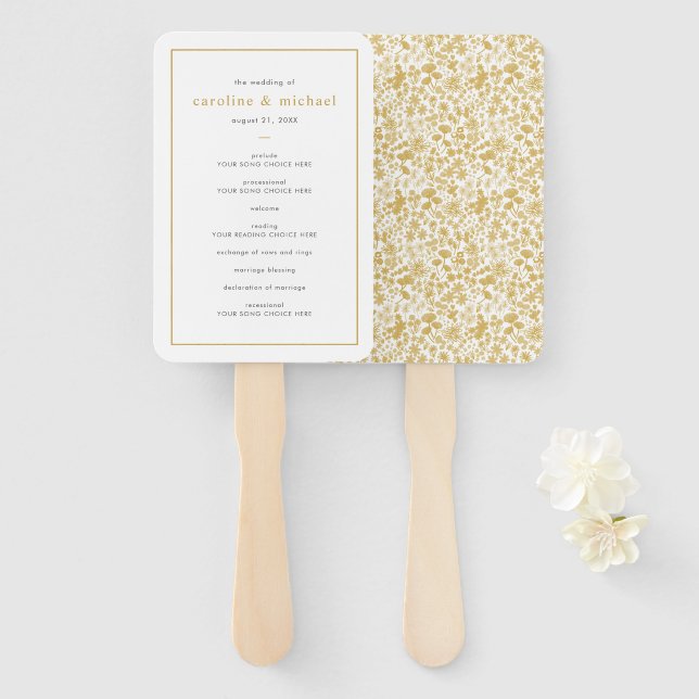 Éventail Chic Golden Ditzy Floral Wedding Programme (Devant et derrière)
