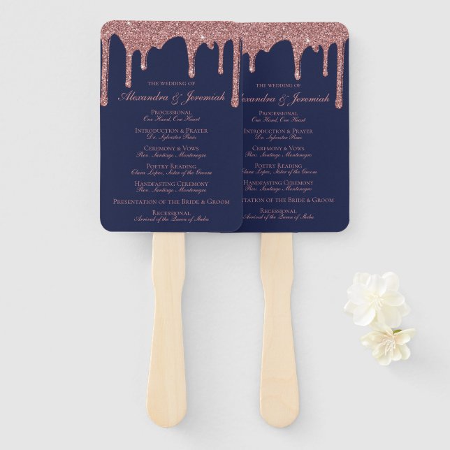 Éventail Chic Navy Blue Rose Gold Wedding Programme (Devant et derrière)