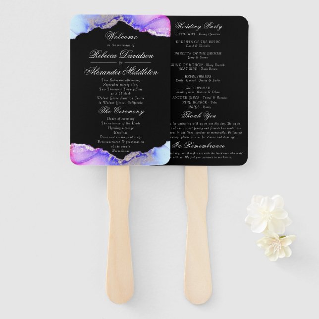 Éventail Chic Purple Amethyst Black Wedding Programme (Devant et derrière)