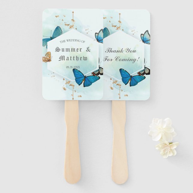 Éventail Chic Turquoise bleu peint papillon Mariage Merci (Devant et derrière)