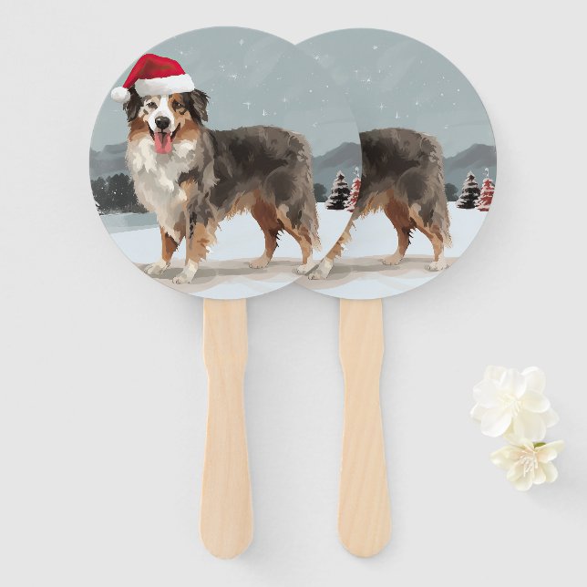 Éventail Chien berger australien en Noël de neige (Devant et derrière)