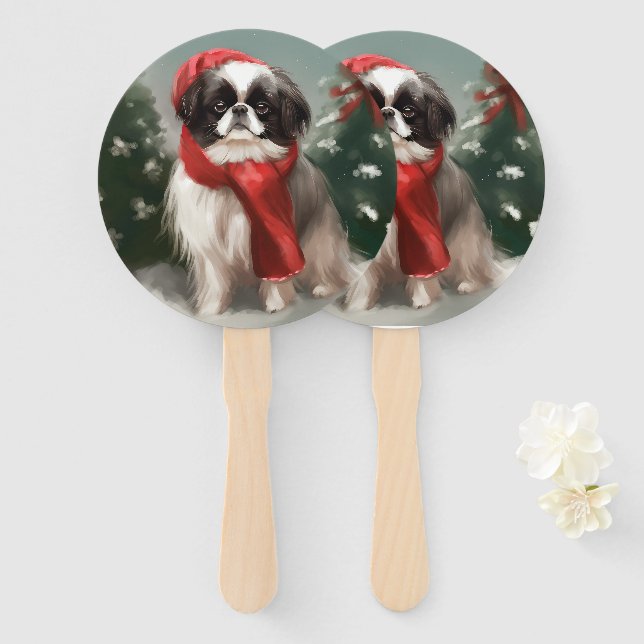Éventail Chien chinois japonais à Noël de neige (Devant et derrière)