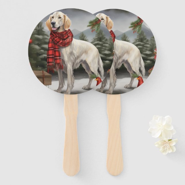 Éventail Chien de coin anglais en Noël de neige (Devant et derrière)