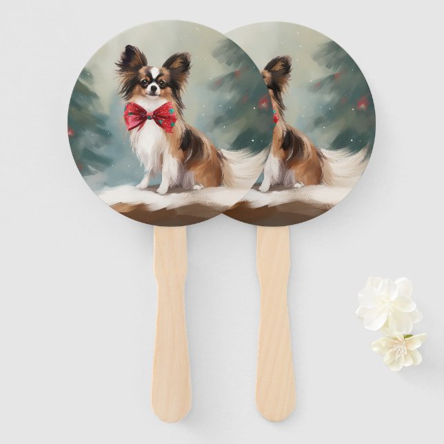 Éventail Chien de Papillon à Noël de neige (Devant et derrière)