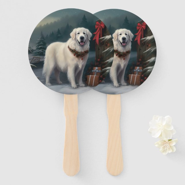Éventail Chien des grandes Pyrénées à Noël de neige (Devant et derrière)