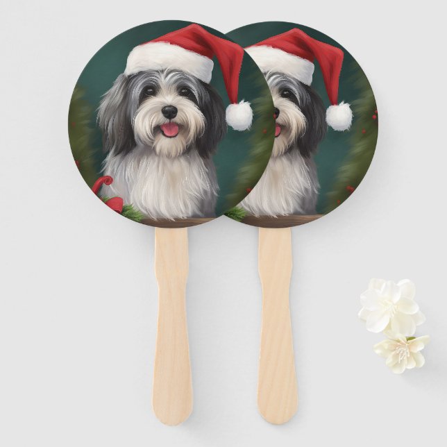 Éventail Chien Havanais en Noël de neige (Devant et derrière)
