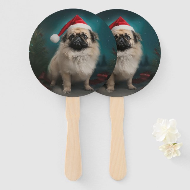 Éventail Chien pekingese pendant Noël de neige (Devant et derrière)