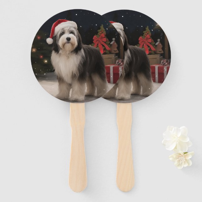 Éventail Chien tibétain de Terrier en Noël de neige (Devant et derrière)
