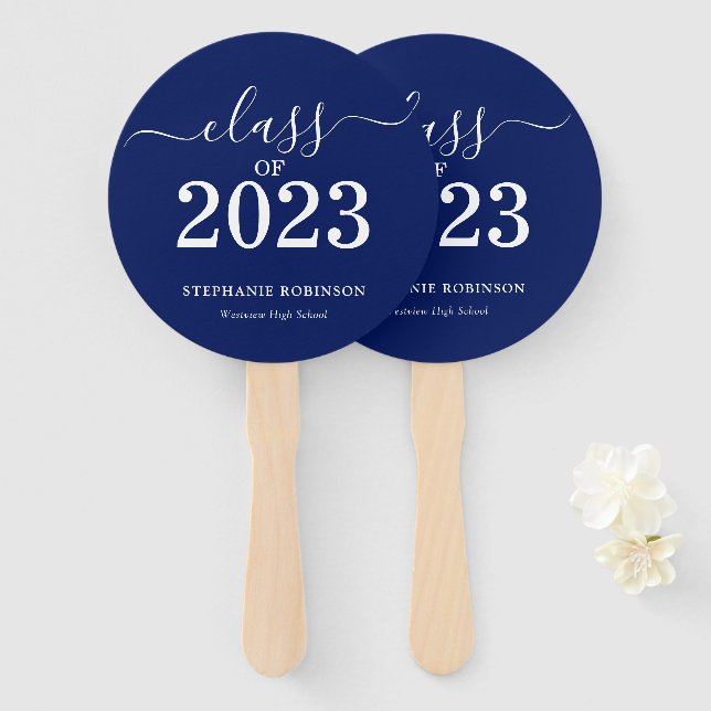 Éventail Classe de 2023 Marine Blue Graduation (Devant et derrière)