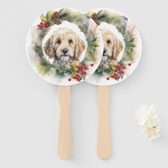 Éventail Cockapoo Christmas Wreath Festive Pup (Devant et derrière)