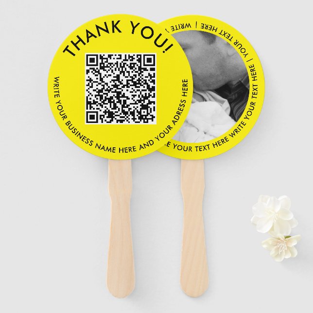 Éventail Code QR numérique scannable photo jaune moderne (Devant et derrière)
