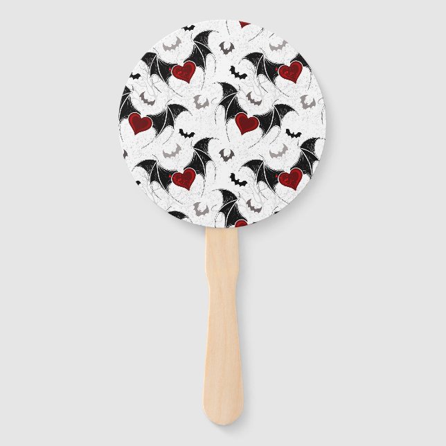 Éventail Coeur d'Halloween avec ailes de chauve-souris noir (Devant)