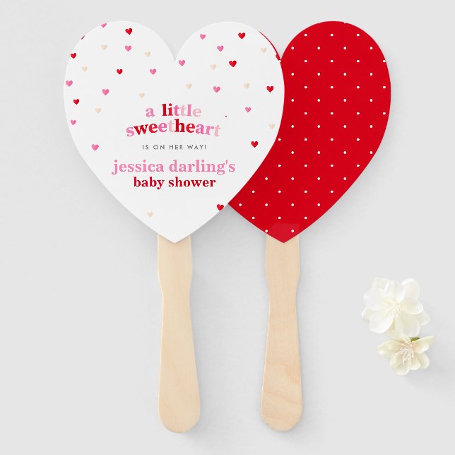 Éventail Coeur Valentine Thème Bébé Fille Douche Rouge Rose (Devant et derrière)