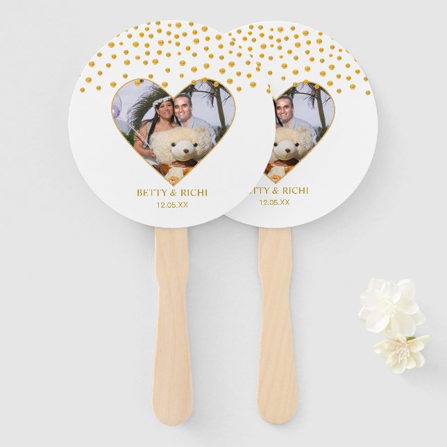 Éventail Confetti d'or romantique en blanc (Devant et derrière)