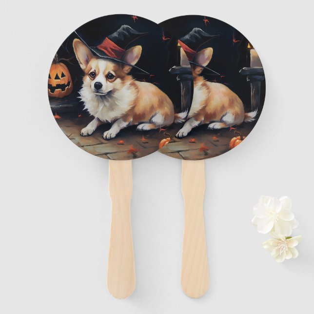 Éventail Corgi Citrouille Halloween effroi (Devant et derrière)