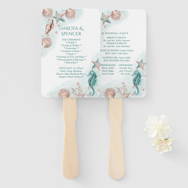 Éventail Côté Chic | Programme de mariage Teal et récif de  (Devant et derrière)