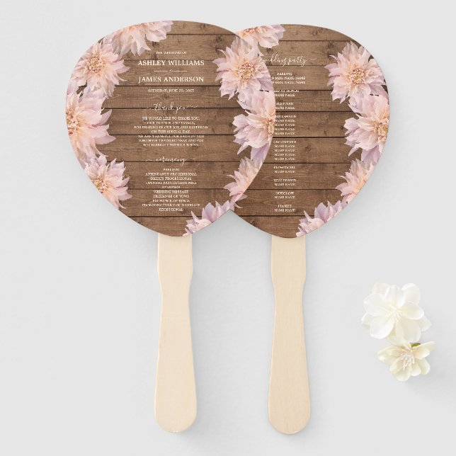 Éventail Dahlia Pink Floral Rustic Wood Wedding Programme (Devant et derrière)
