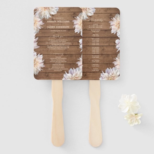 Éventail Dahlia Pink Floral Rustic Wood Wedding Programme (Devant et derrière)