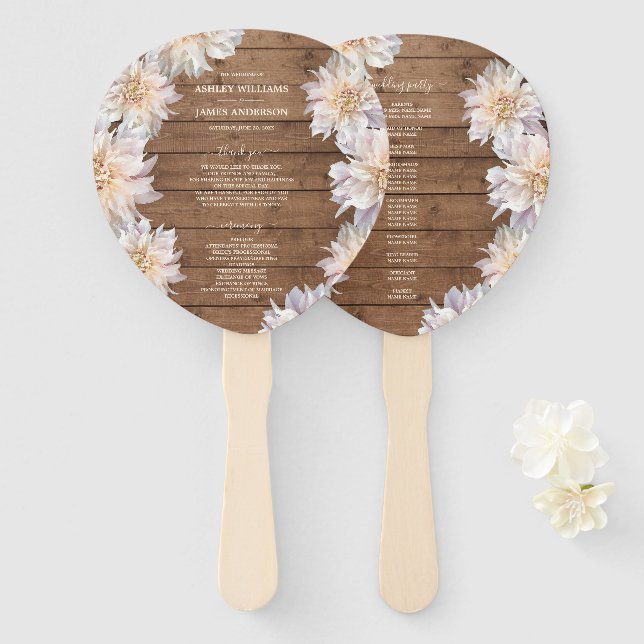 Éventail Dahlia Pink Floral Rustic Wood Wedding Programme (Devant et derrière)