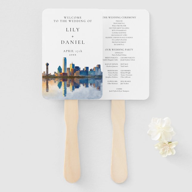 Éventail Dallas Skyline Watercolor Wedding Program (Devant et derrière)