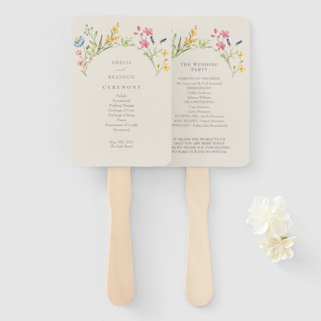 Éventail de main de programme de mariage à fleurs  (Devant et derrière)