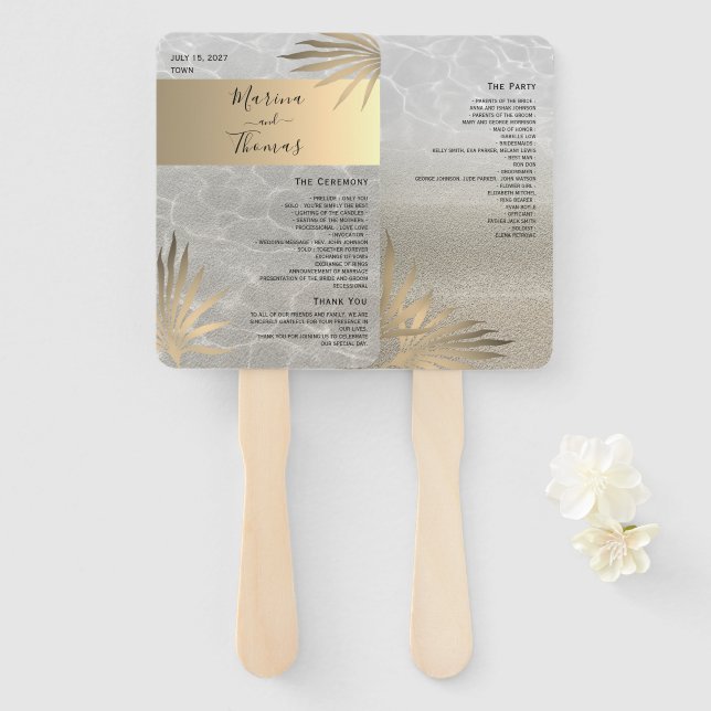 Éventail de main de programme de mariage de plage  (Devant et derrière)