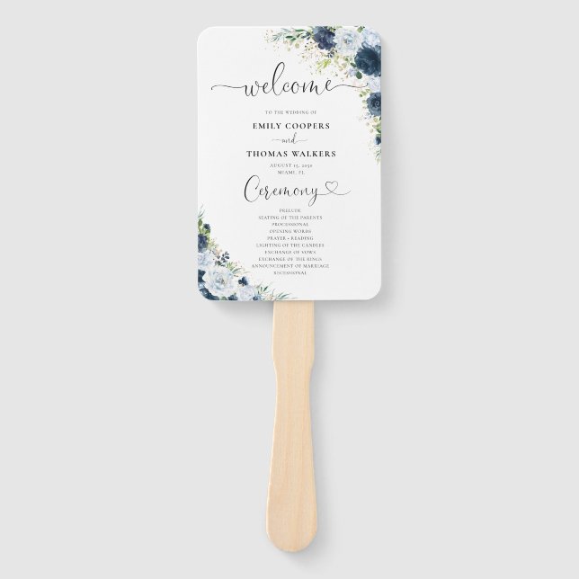 Éventail de main de programme de mariage floral bl (Devant)
