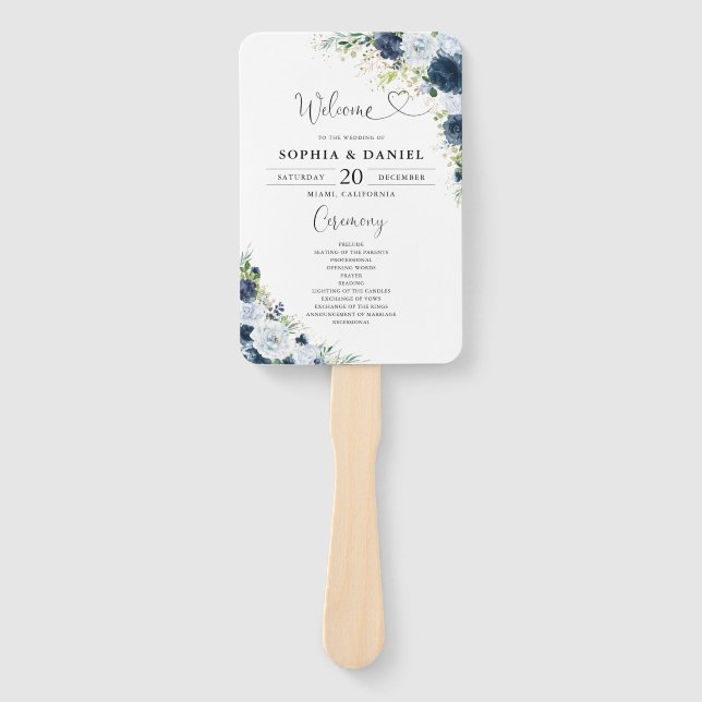 Éventail de main de programme de mariage floral bl (Devant)