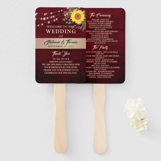 Éventail de main de programme de mariage tournesol (Devant et derrière)